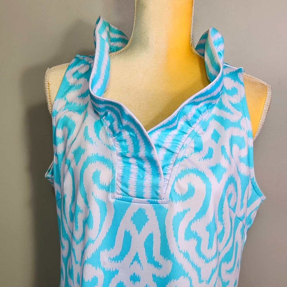 Gretchen Scott Dress Ruffle Ruffneck Sheath Turquoise Arabesque Size L Wedding - Picture 4 of 10